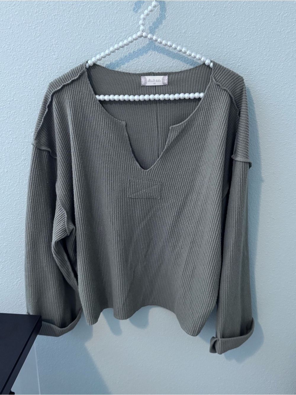 Altar'd State Olive Green Waffle Knit V-Notch Pullover